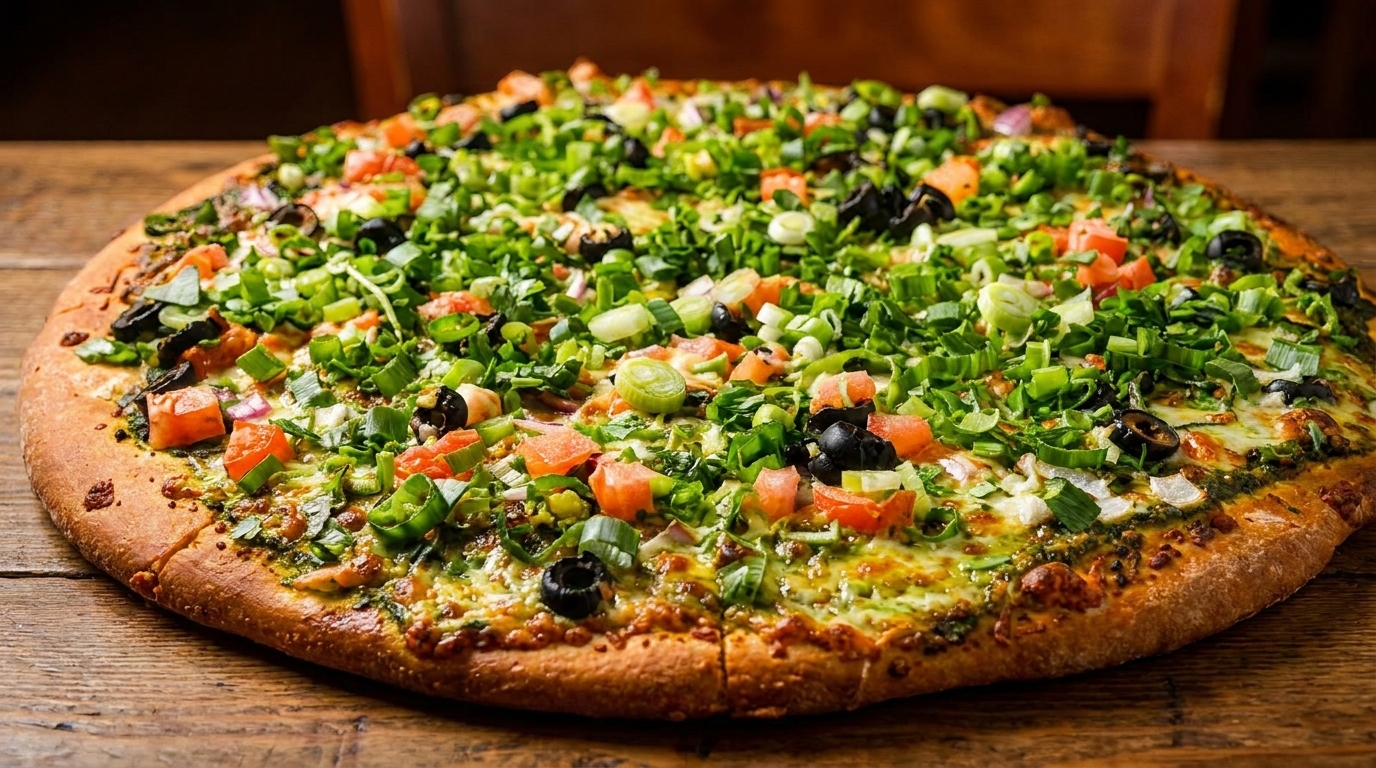 A large, vibrant pizza topped with green onions, black olives, and diced tomatoes on a wooden table.