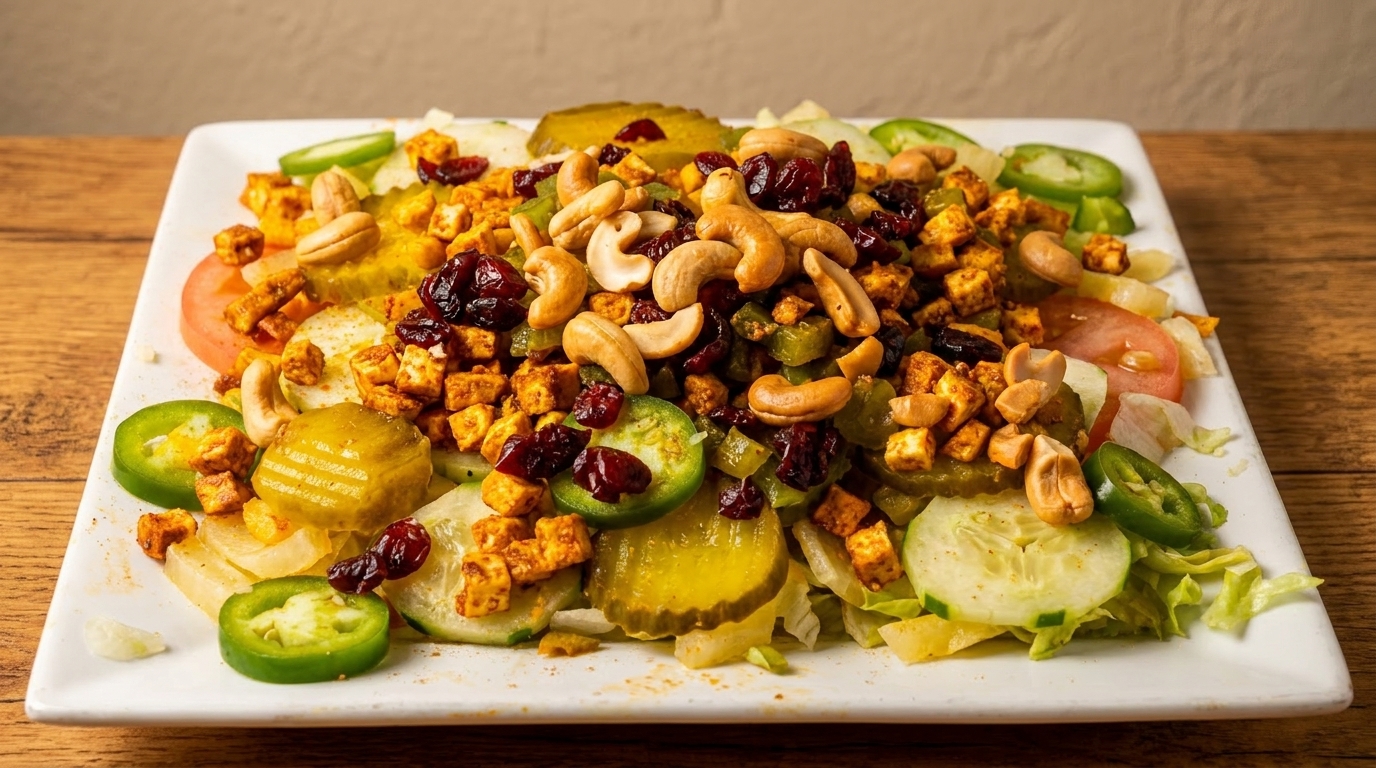 A vibrant salad with cashews, dried cranberries, paneer, and various vegetables on a white plate.