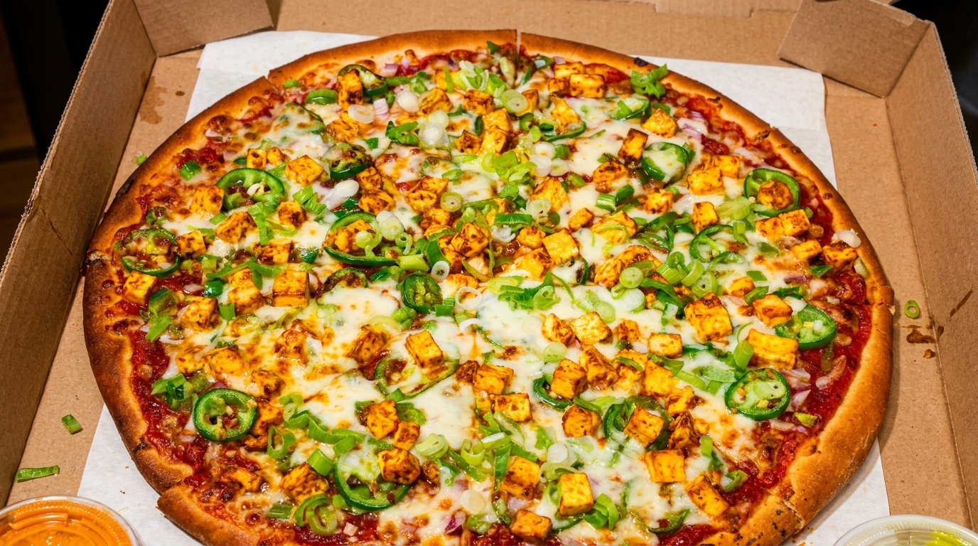 A paneer tikka pizza with jalapeños and green onions in a cardboard box.