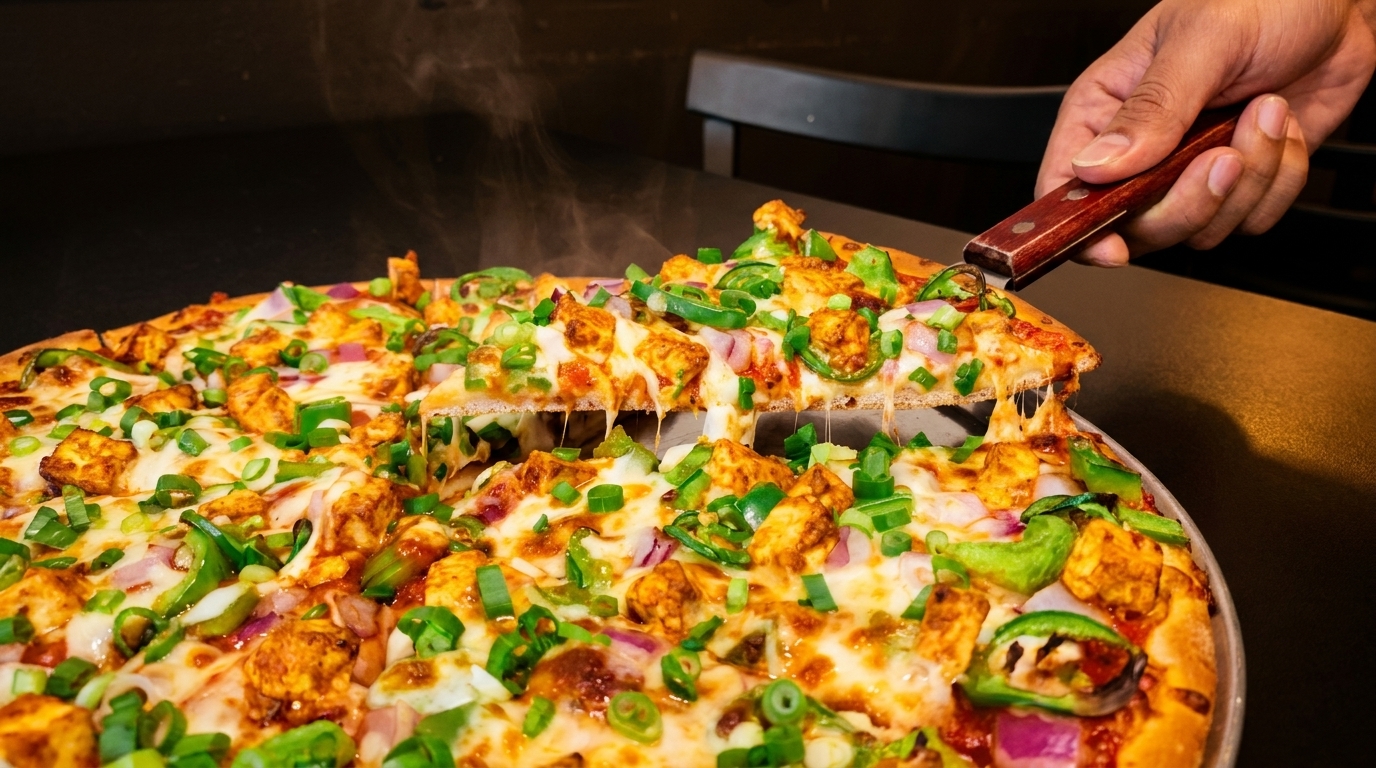 A hand lifts a slice of hot, steaming pizza with chicken, peppers, and onions, showing cheese pull.