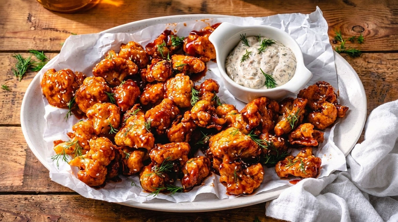 Crispy orange cauliflower bites with sesame seeds and dill, served with a creamy dipping sauce.