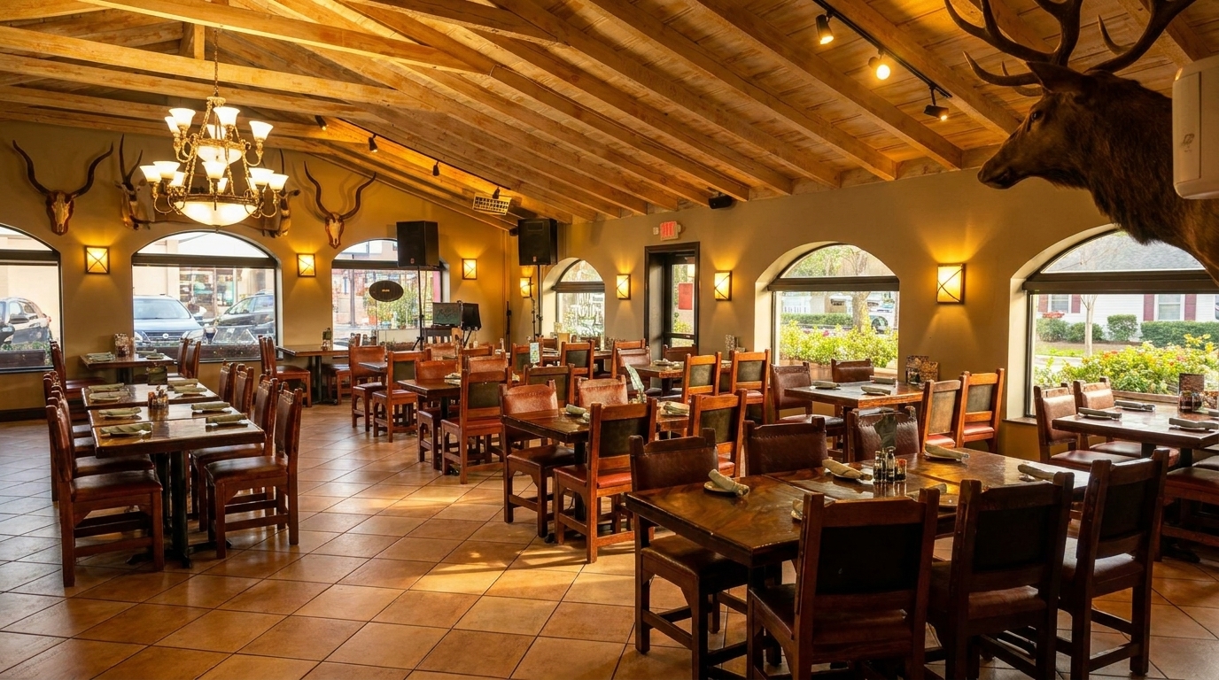 Spacious restaurant dining room with wooden tables and chairs, arched windows, and elegant rustic decor.