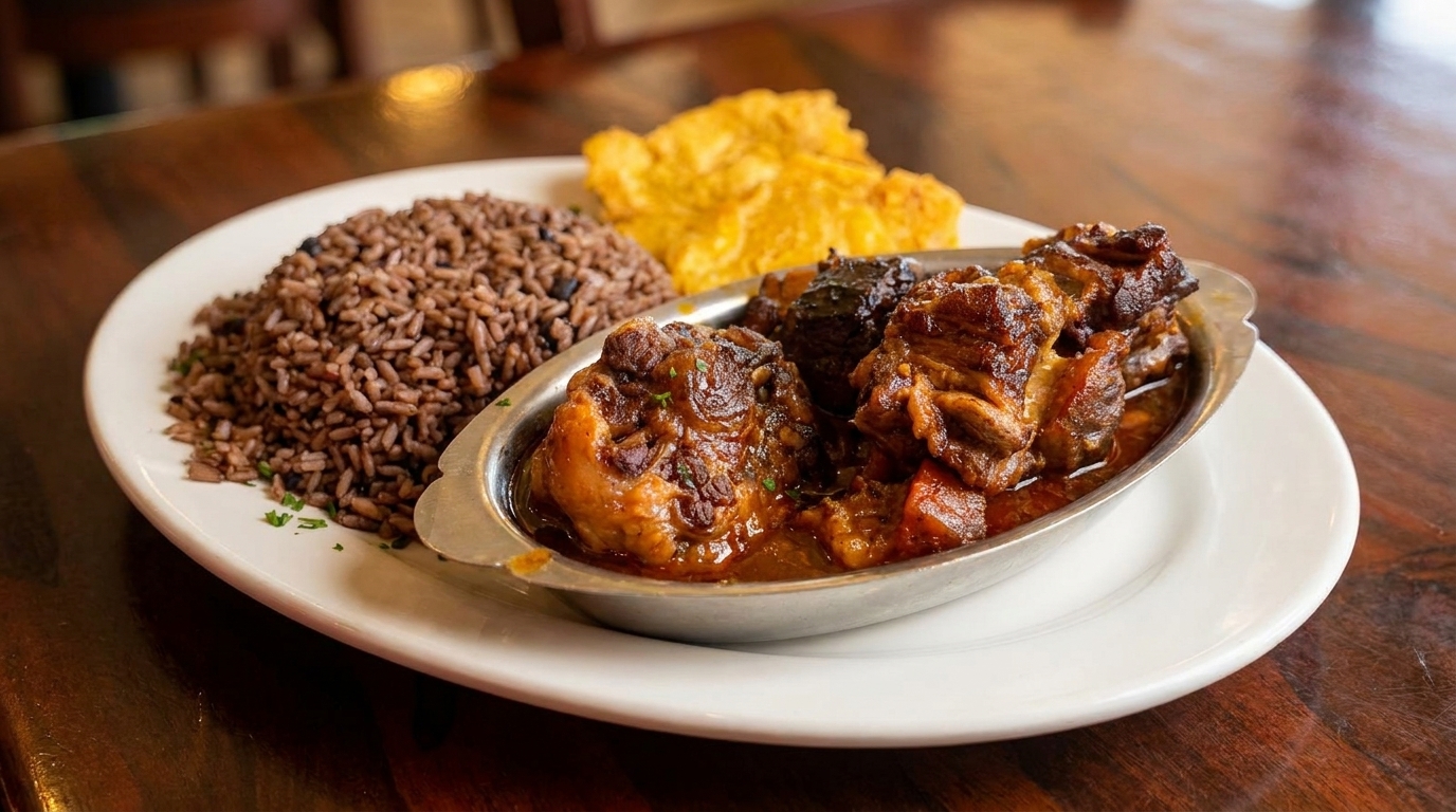 Oxtail stew in a metal dish with rice and fried plantains on a white plate.