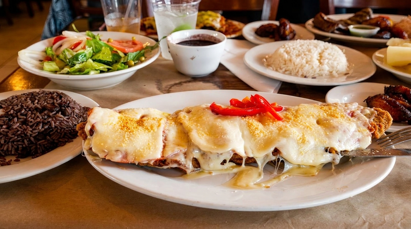 A table laden with Cuban dishes, including a cheesy milanesa, rice, salad, and other sides.