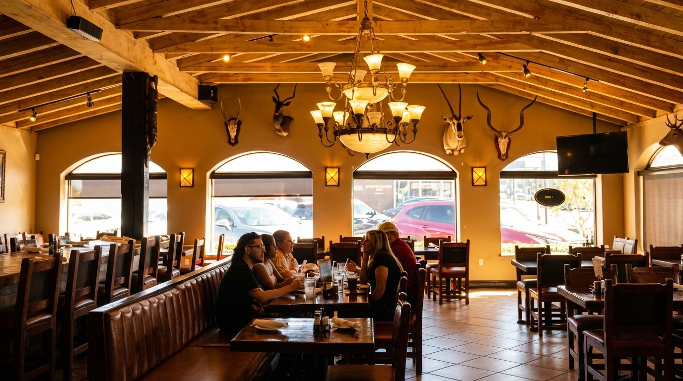 Restaurant interior with high wooden ceilings, arched windows, and people dining at tables.