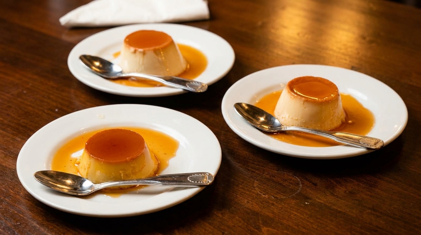 Three servings of flan with caramel sauce and spoons on white plates on a wooden table.