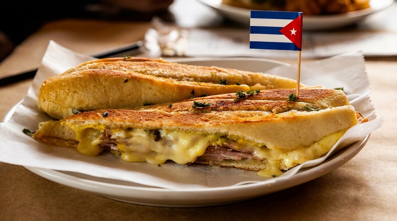 A Cuban sandwich with melted cheese and ham, garnished with a Cuban flag toothpick.