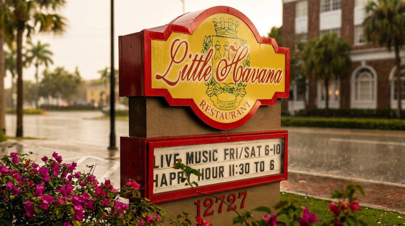 Little Havana Restaurant sign with live music and happy hour details, surrounded by pink flowers.