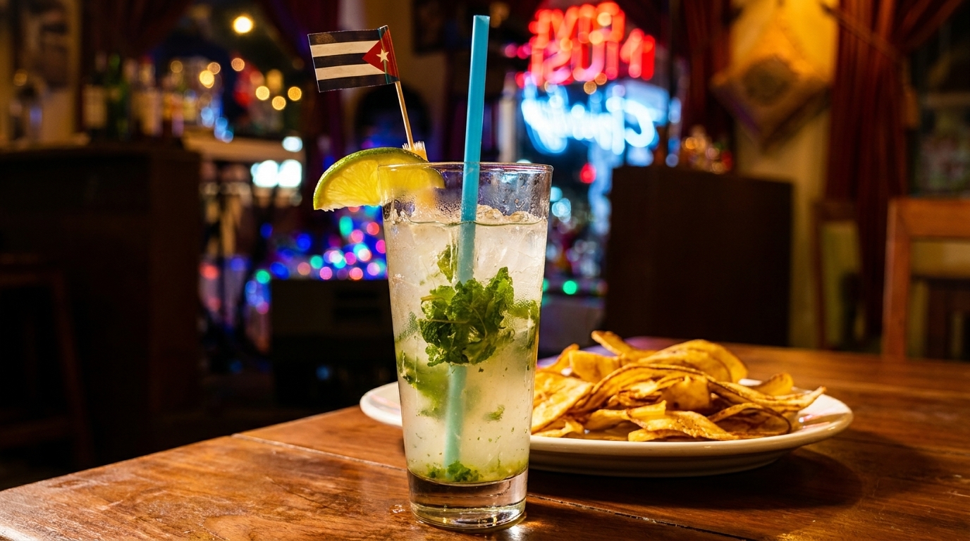 Mojito with a Cuban flag and plantain chips on a wooden table in a dimly lit bar.