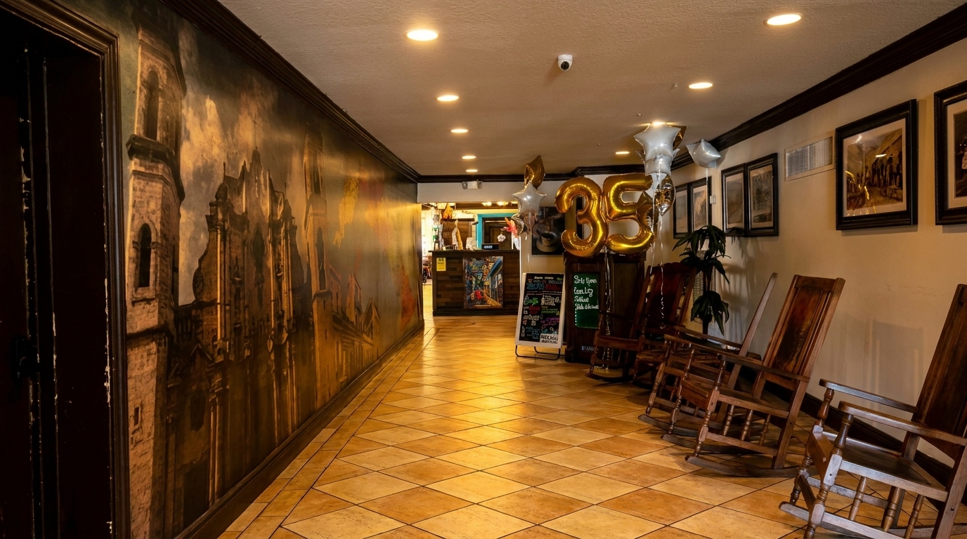 A long hallway with a mural of old buildings, rocking chairs, and "35" balloons.