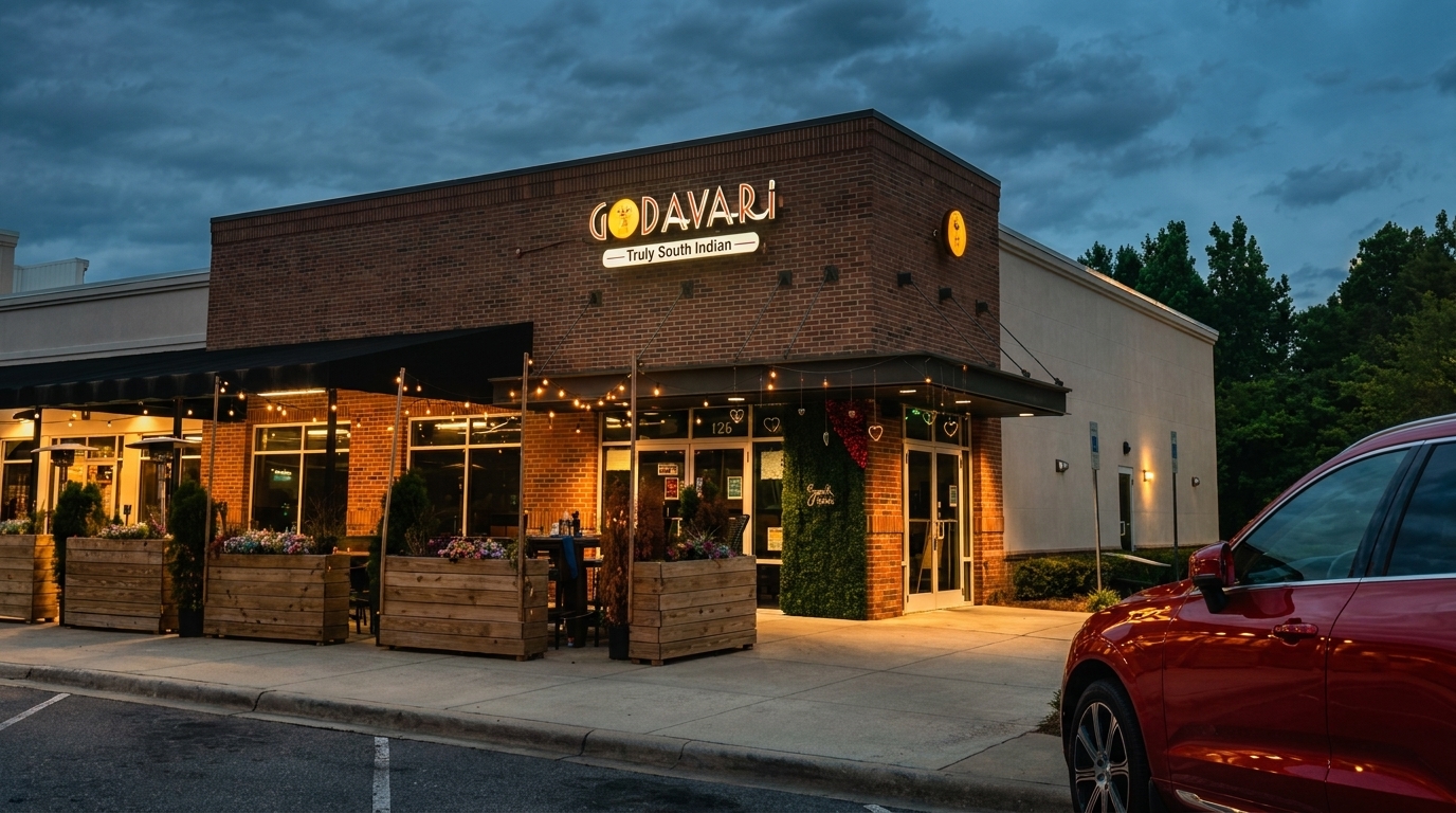 Exterior of Godavari restaurant at dusk, with illuminated sign, outdoor patio, and a red car.