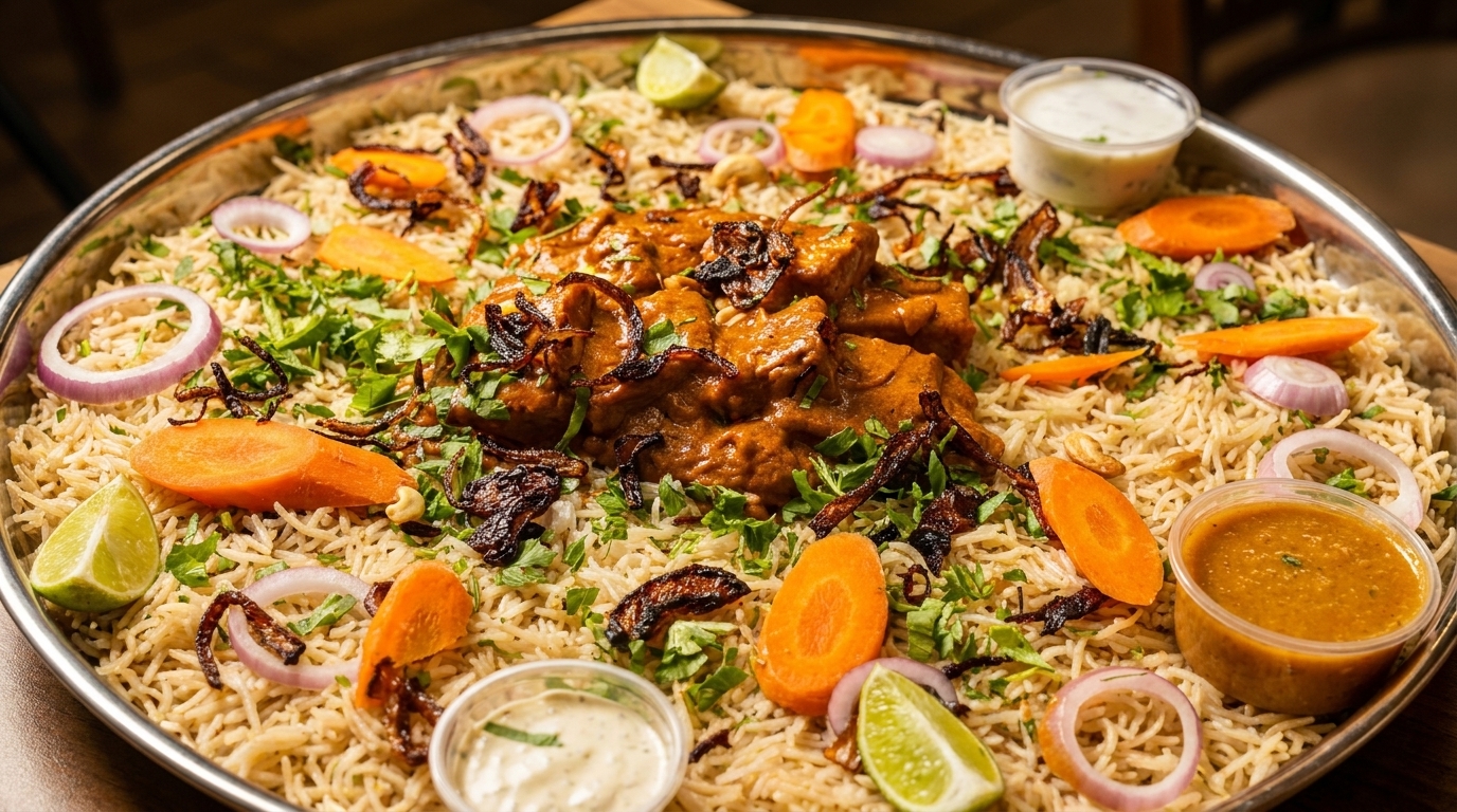 Large platter of Mandi rice with chicken, garnished with fried onions, carrots, and lime.