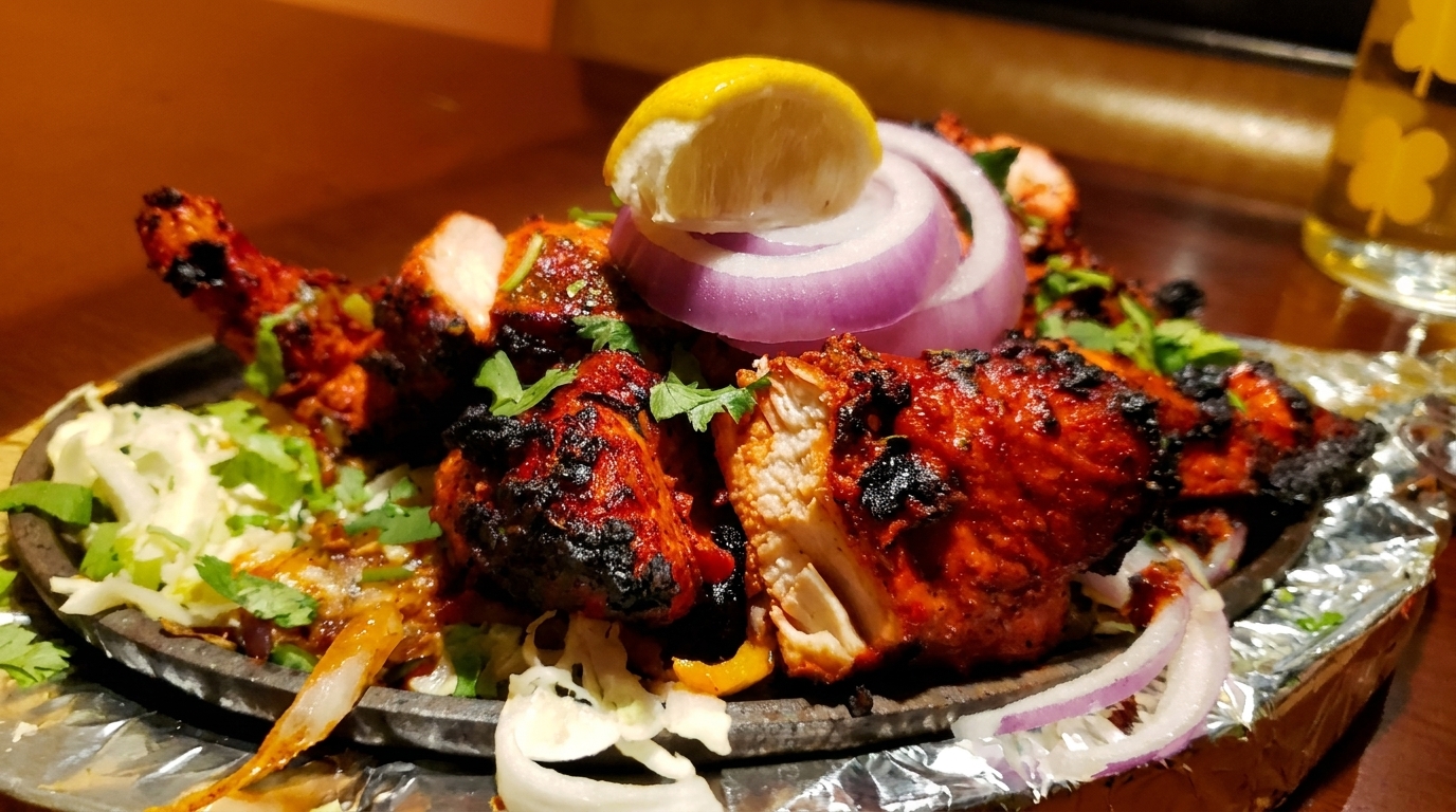 Tandoori chicken, garnished with lemon, red onion, and cilantro, served on a sizzling platter.