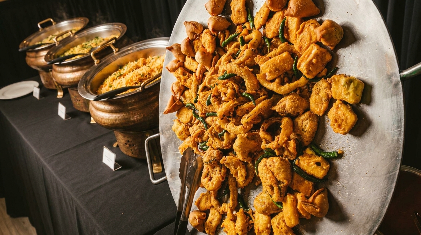 A platter of fried pakoras and samosas served alongside dishes of rice.