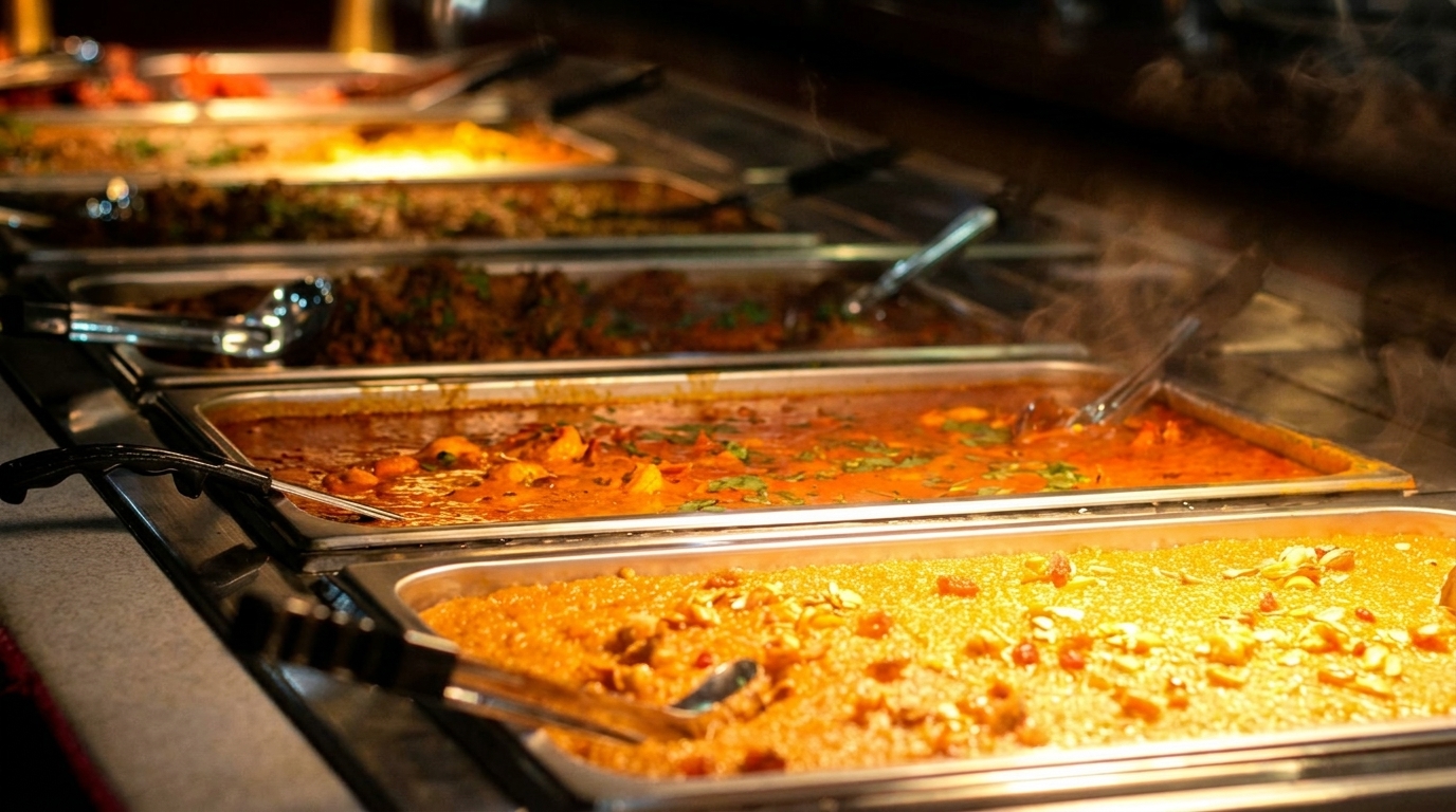 Steaming hot Indian buffet dishes, including curries and rice, in metal serving trays.