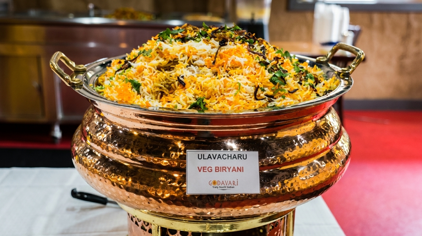 A large copper pot filled with colorful vegetable biryani, garnished with herbs and fried onions.