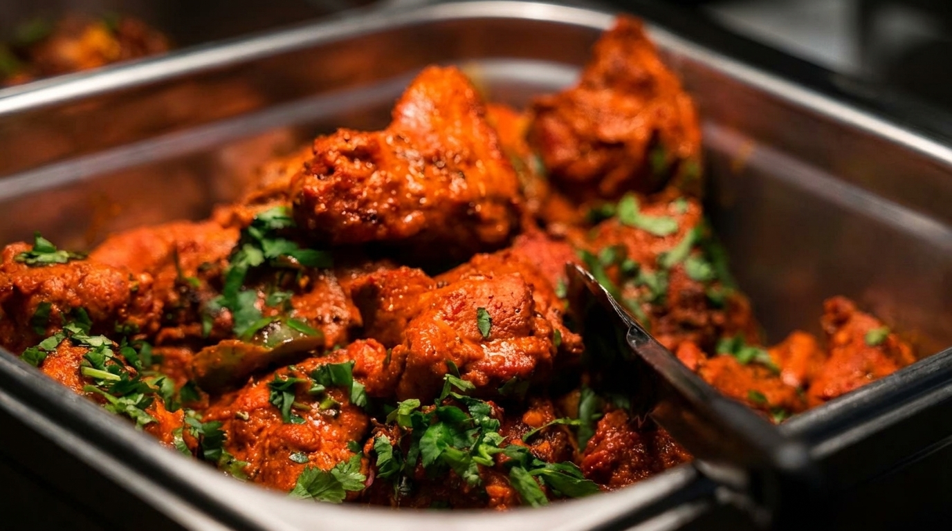 Close-up of vibrant red chicken curry with fresh green cilantro in a metal serving dish.