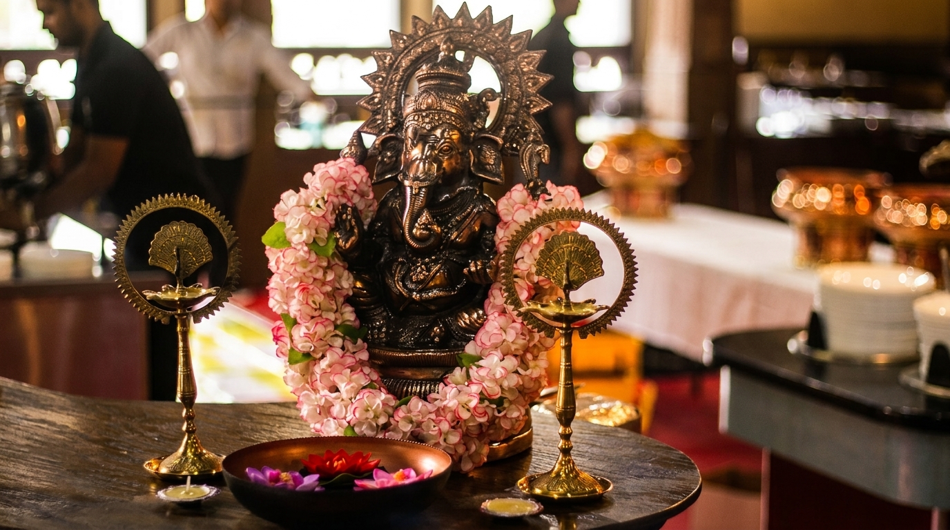 Ganesha statue adorned with pink flowers, flanked by brass lamps, on a dark wooden table.