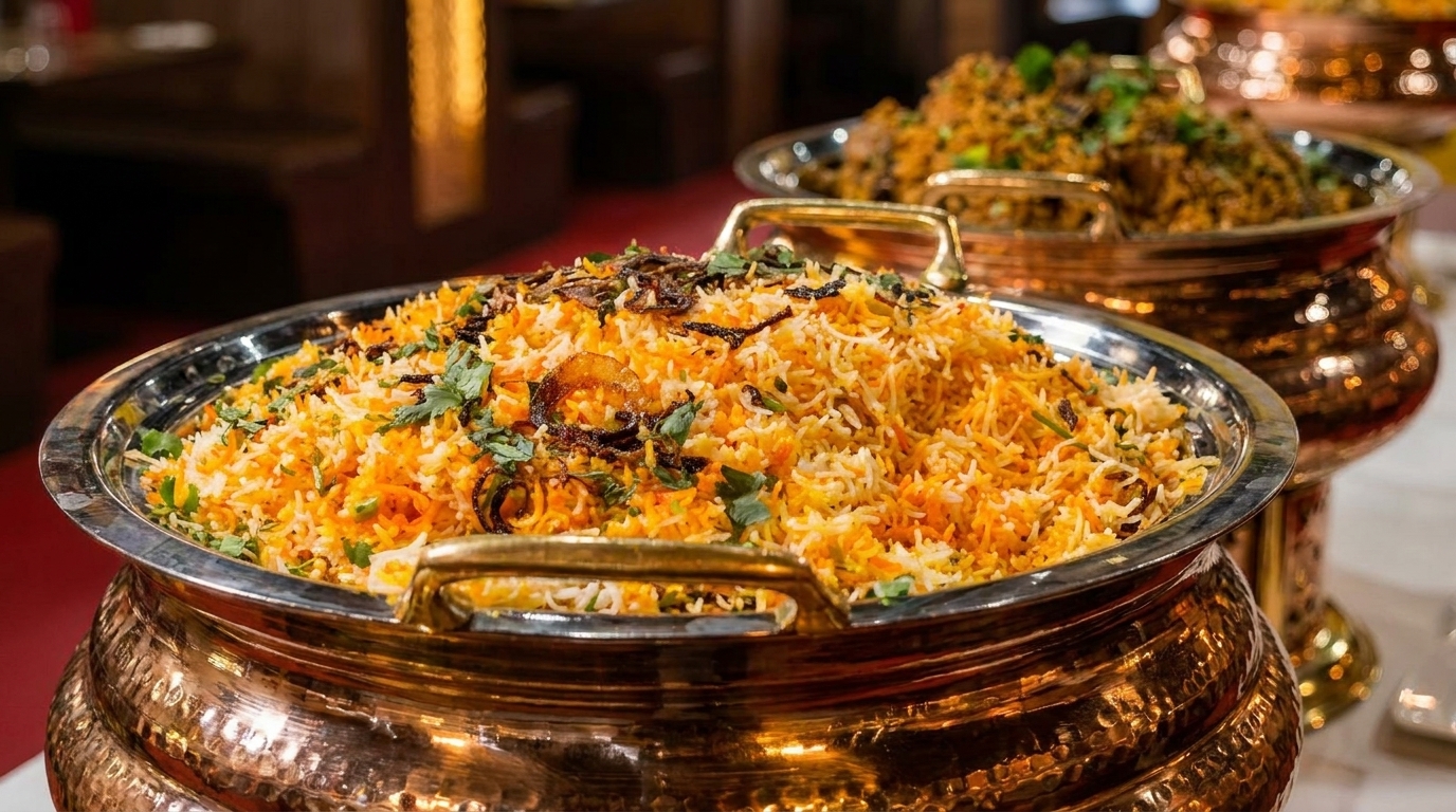 Large copper serving dish filled with vibrant orange and white biryani, garnished with herbs and fried onions.