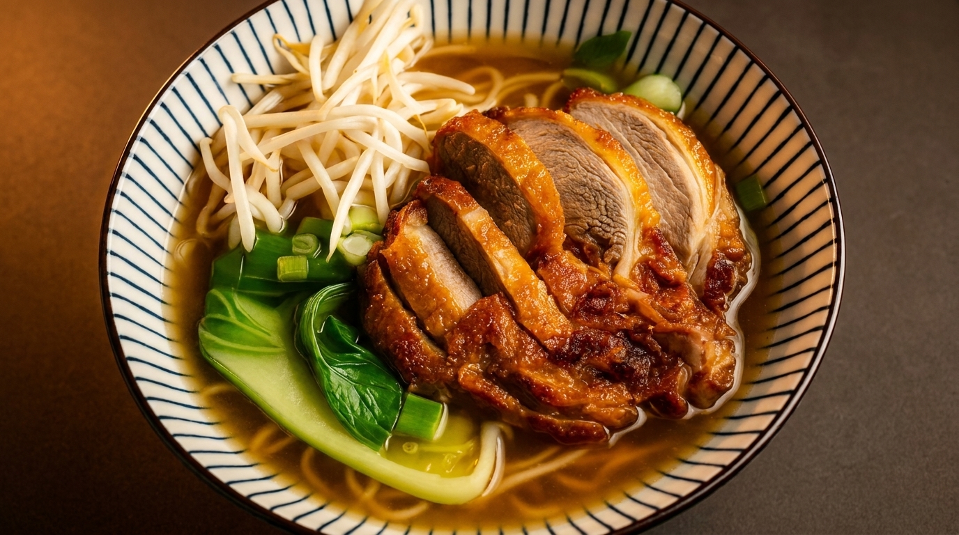 Close-up of a ramen bowl with sliced duck, bean sprouts, and bok choy in broth.