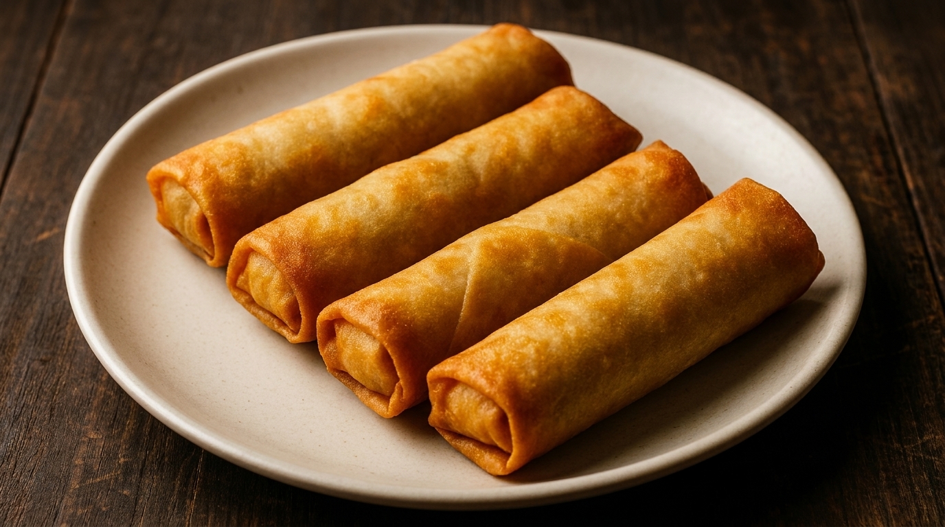 Four golden-brown crispy spring rolls arranged on a light-colored oval plate against a dark wooden background.