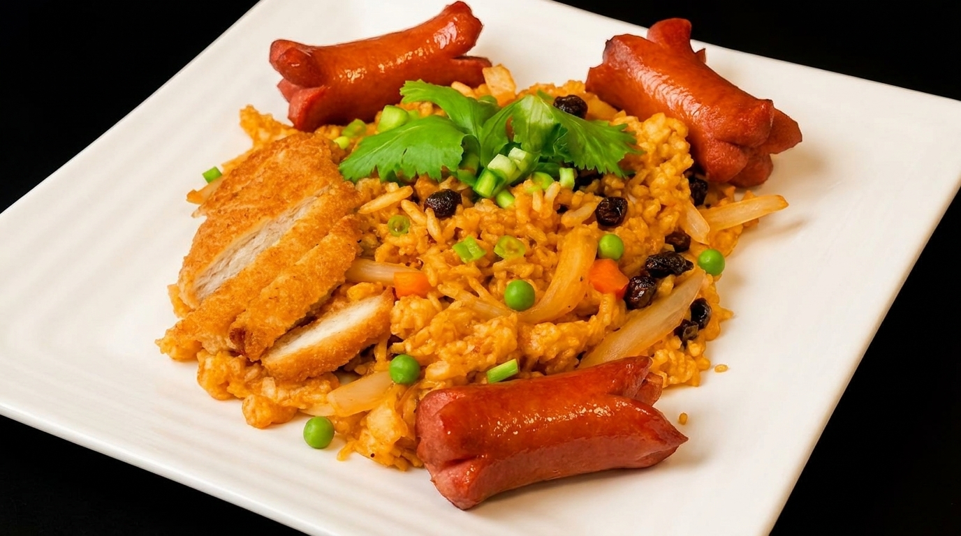 Fried rice with chicken katsu, hot dogs, peas, carrots, onions, raisins, and cilantro on a white plate.