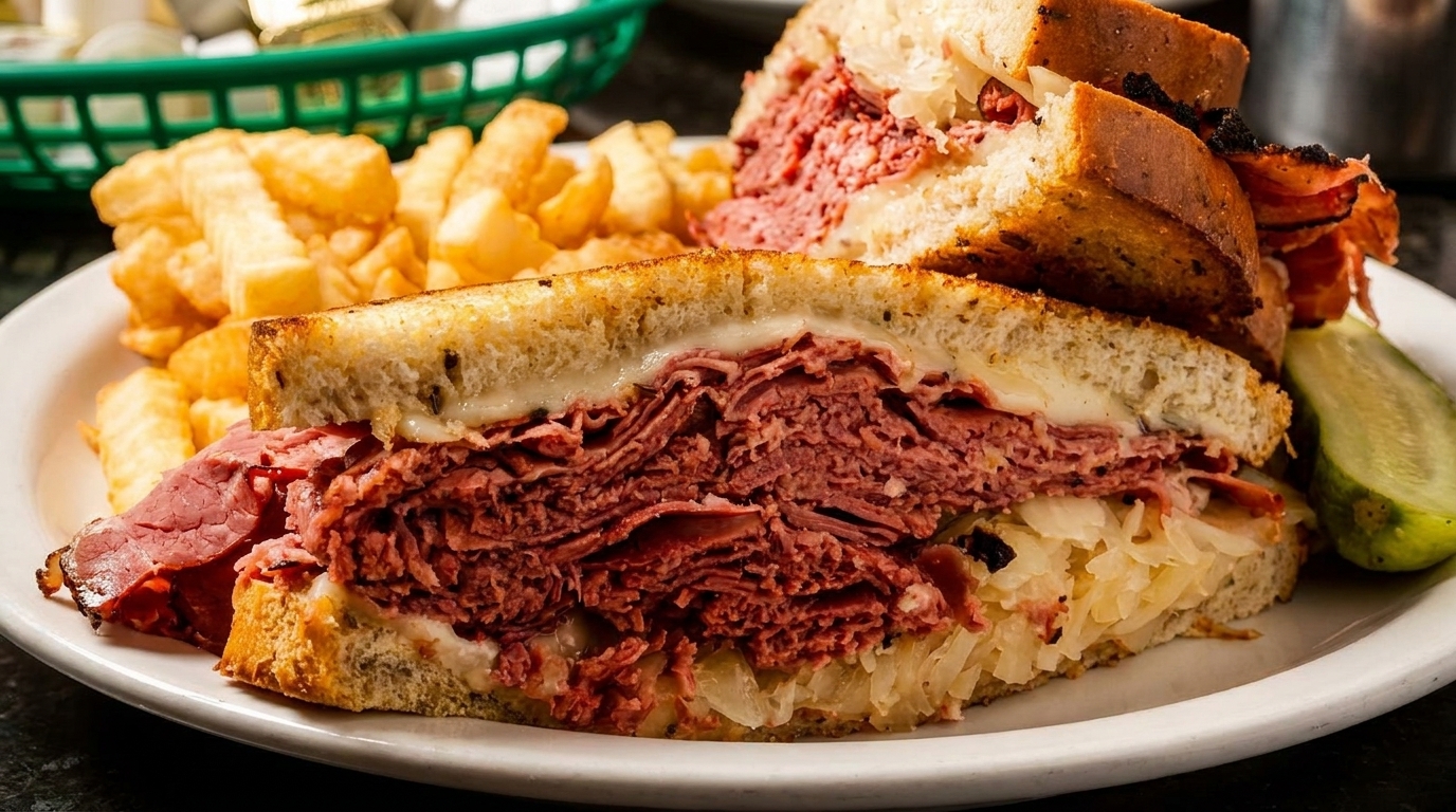A large pastrami reuben sandwich with fries and a pickle spear on a white plate.