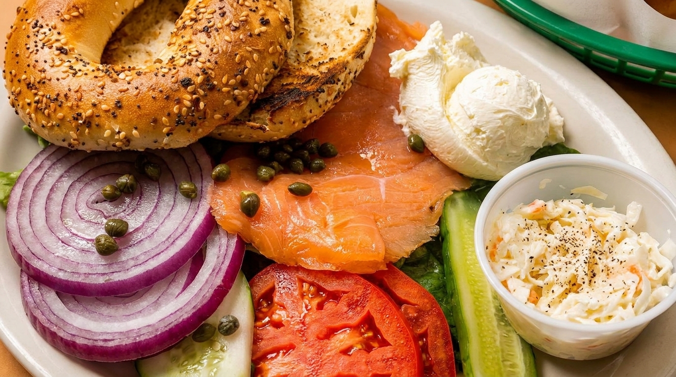 Bagel with lox, cream cheese, capers, red onion, tomato, cucumber, and coleslaw.