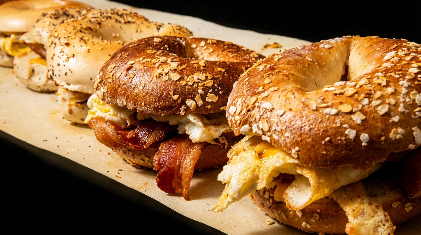 Several breakfast bagels with eggs, cheese, and bacon on a light brown paper.