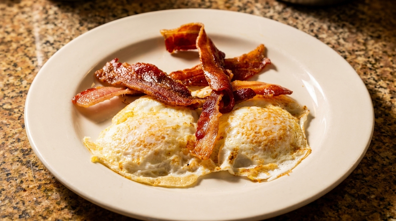 Two fried eggs with crispy bacon strips on a white plate, on a speckled brown countertop.