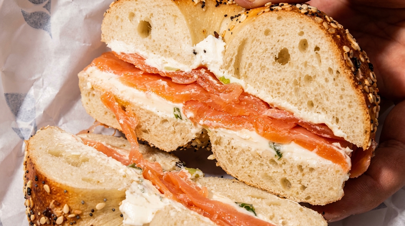A hand holds an everything bagel, sliced in half, filled with cream cheese and smoked salmon.