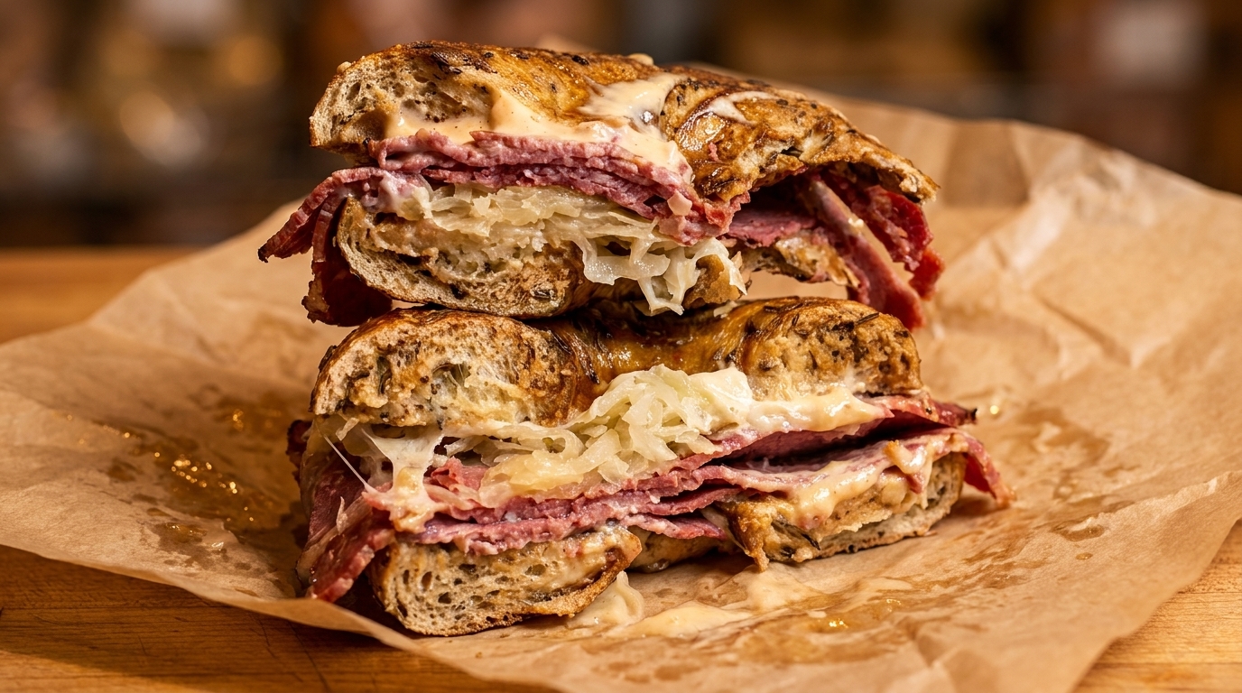 Two halves of a bagel sandwich with pastrami, sauerkraut, and melted cheese on parchment paper.
