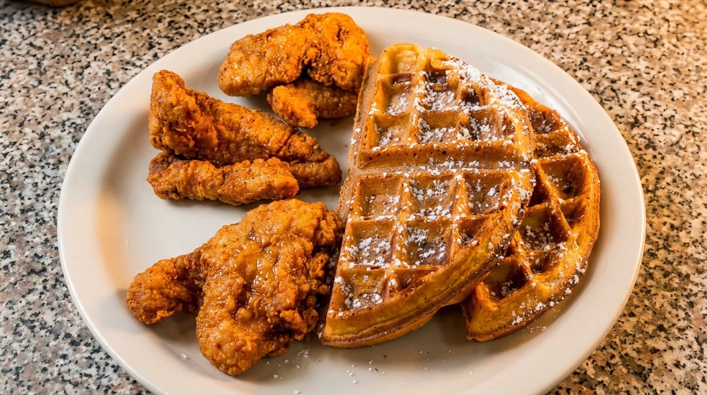 Crispy fried chicken tenders and golden waffles dusted with powdered sugar on a white plate.
