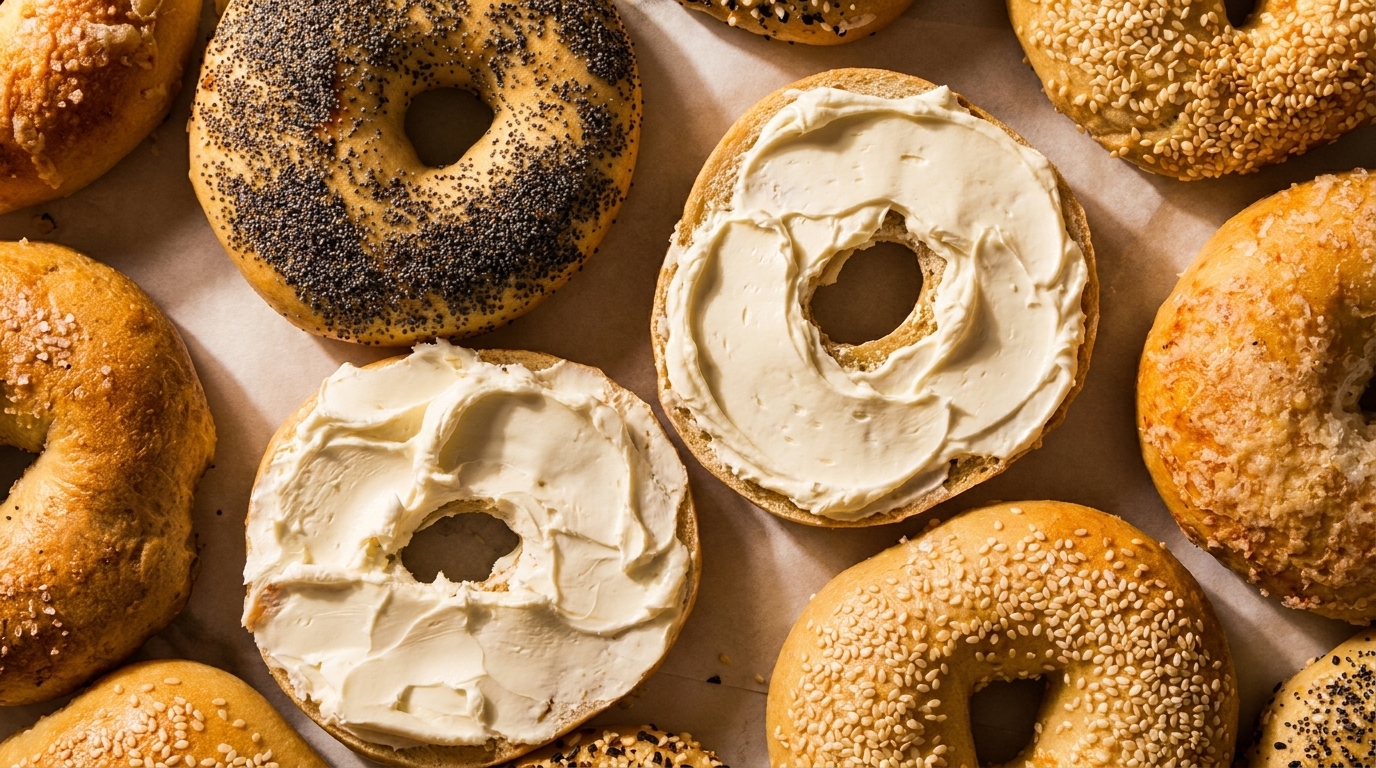 Assortment of bagels, some with poppy seeds, sesame seeds, cheese, and cream cheese.
