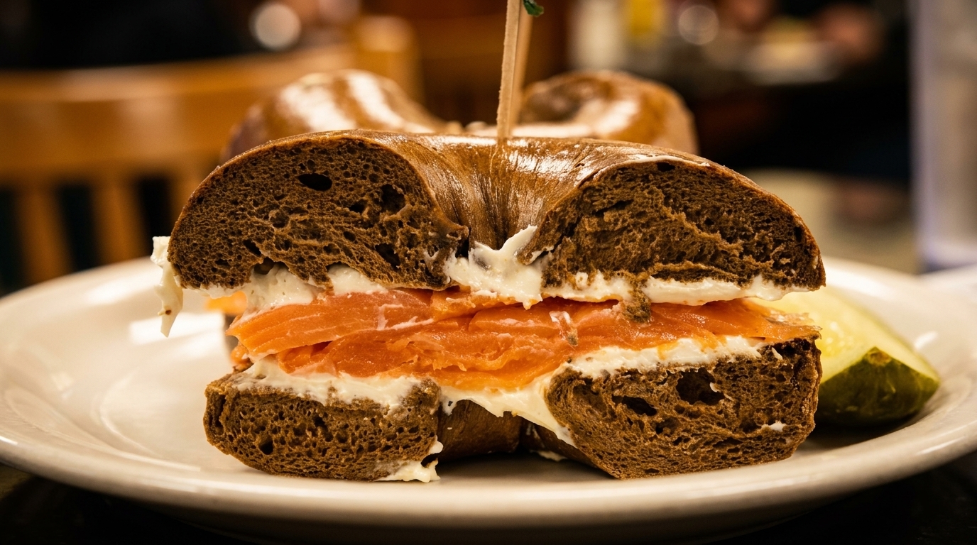 Dark bagel with cream cheese and smoked salmon, served with a pickle spear on a white plate.