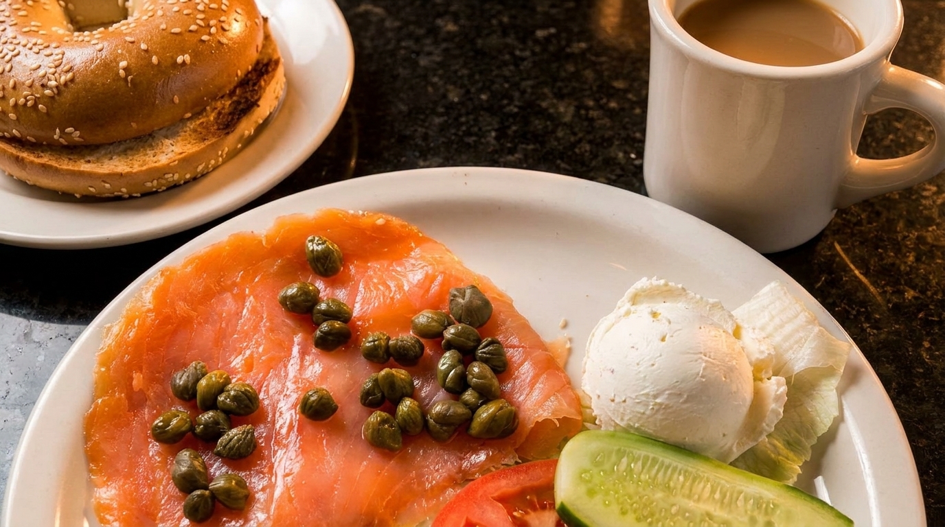 Smoked salmon with capers, cream cheese, vegetables, a bagel, and coffee on a dark counter.