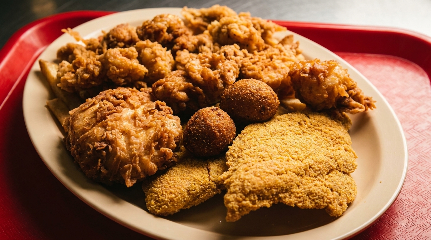 A beige plate filled with fried chicken, shrimp, fish, and hush puppies on a red tray.