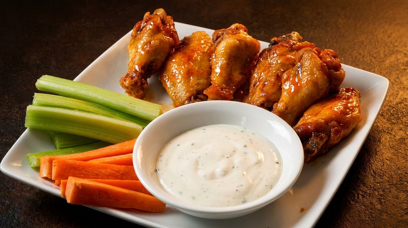 A plate of glazed chicken wings with celery sticks, carrot sticks, and a side of ranch dip.