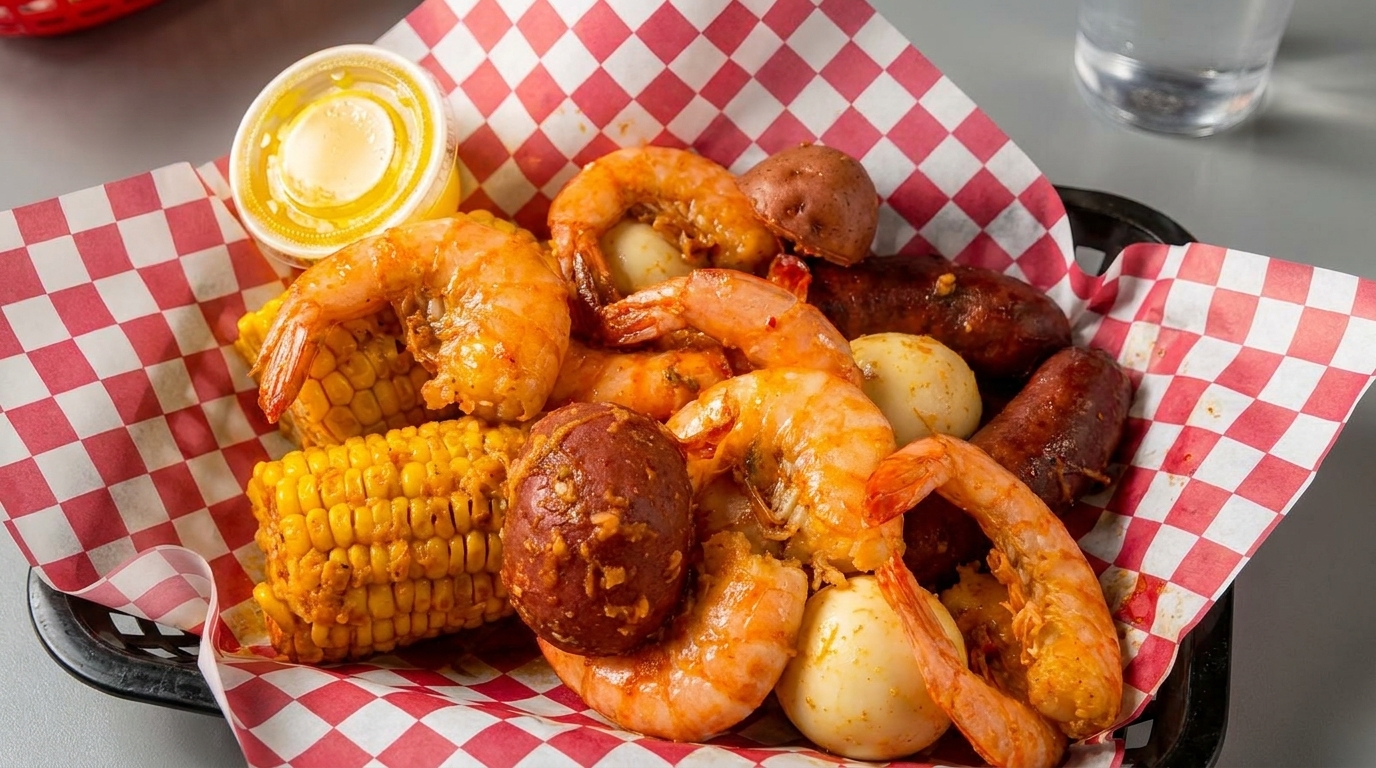 Shrimp boil with corn, potatoes, and sausage in a basket with red and white checkered paper.