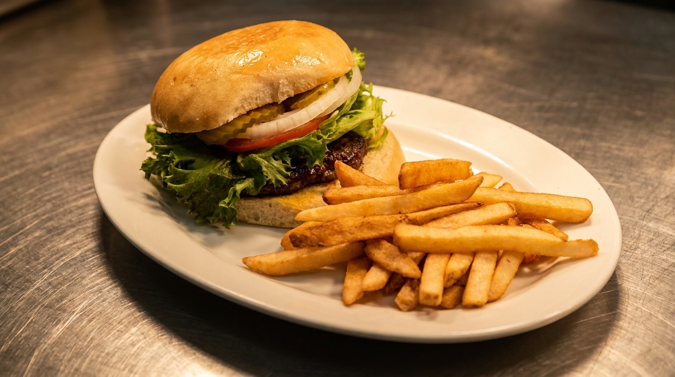 A juicy burger with lettuce, tomato, onion, and pickles, served with golden french fries.