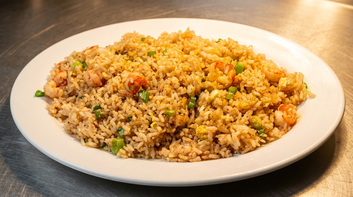 A white plate filled with shrimp fried rice, garnished with green onions.