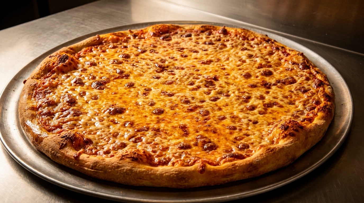 A freshly baked, large cheese pizza with a golden crust on a metal tray.