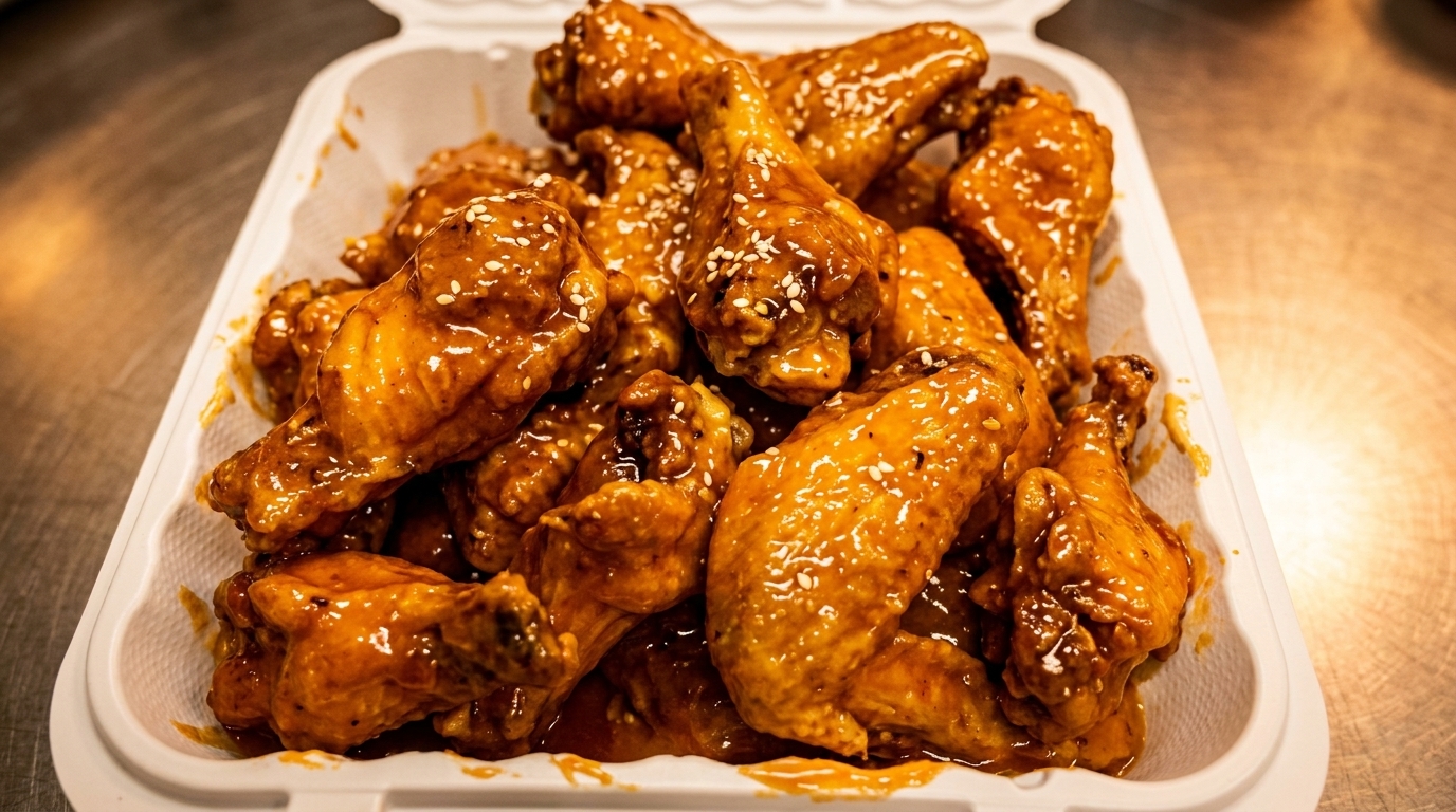 Close-up of a white takeout container filled with sesame-crusted chicken wings in a glossy orange sauce.