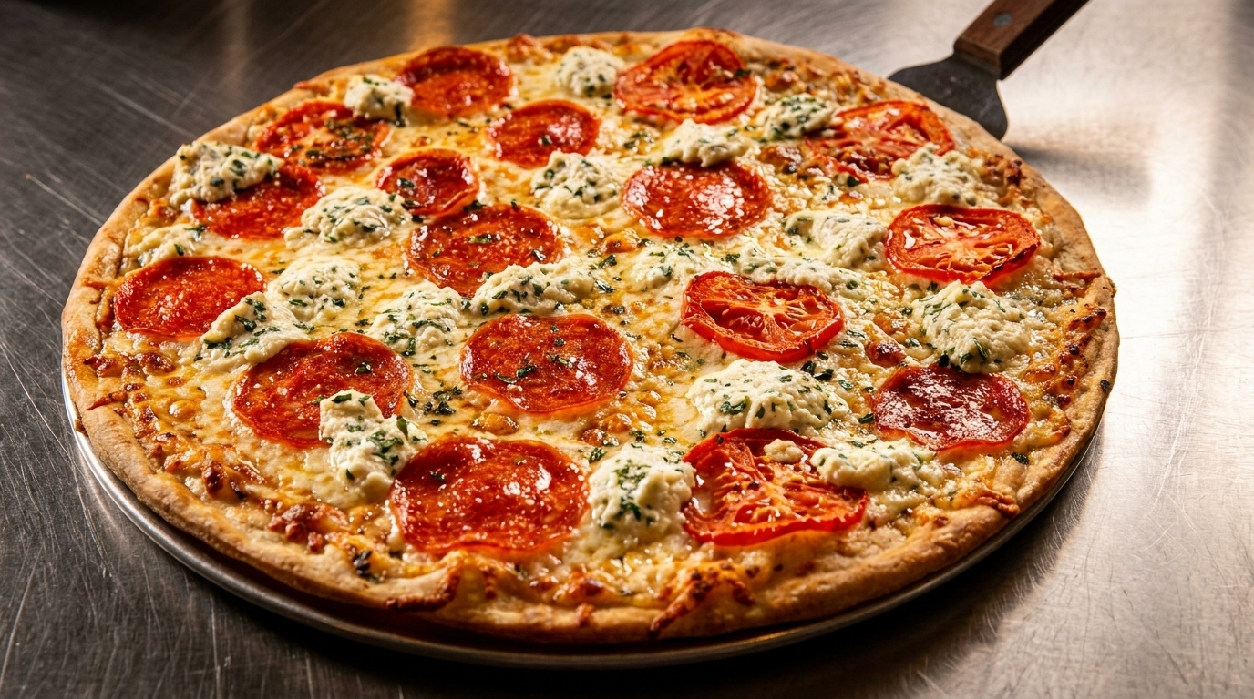 A whole pizza with pepperoni, sliced tomatoes, and dollops of ricotta cheese on a metal surface.