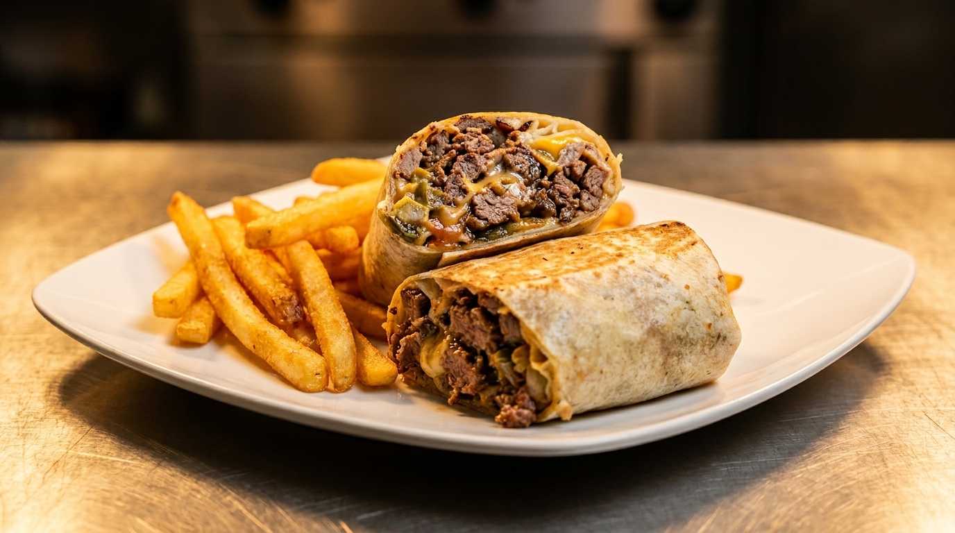 Two halves of a steak and cheese burrito, filled with meat and vegetables, served with fries.