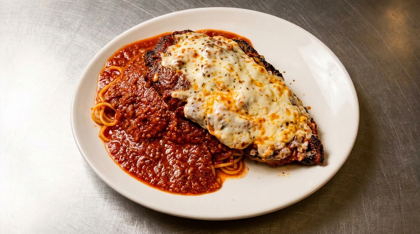 Chicken parmesan with melted cheese and marinara sauce over spaghetti on a white plate.