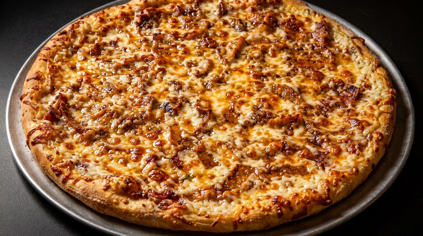A whole, freshly baked pizza with melted cheese and meat toppings on a metal tray.