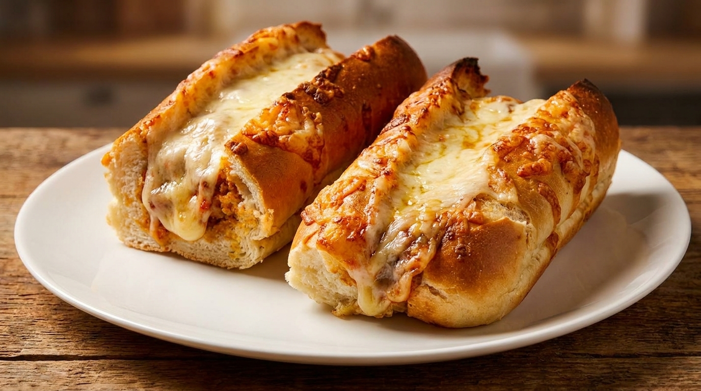 Two cheesy breadsticks with melted mozzarella and golden crusts on a white plate.