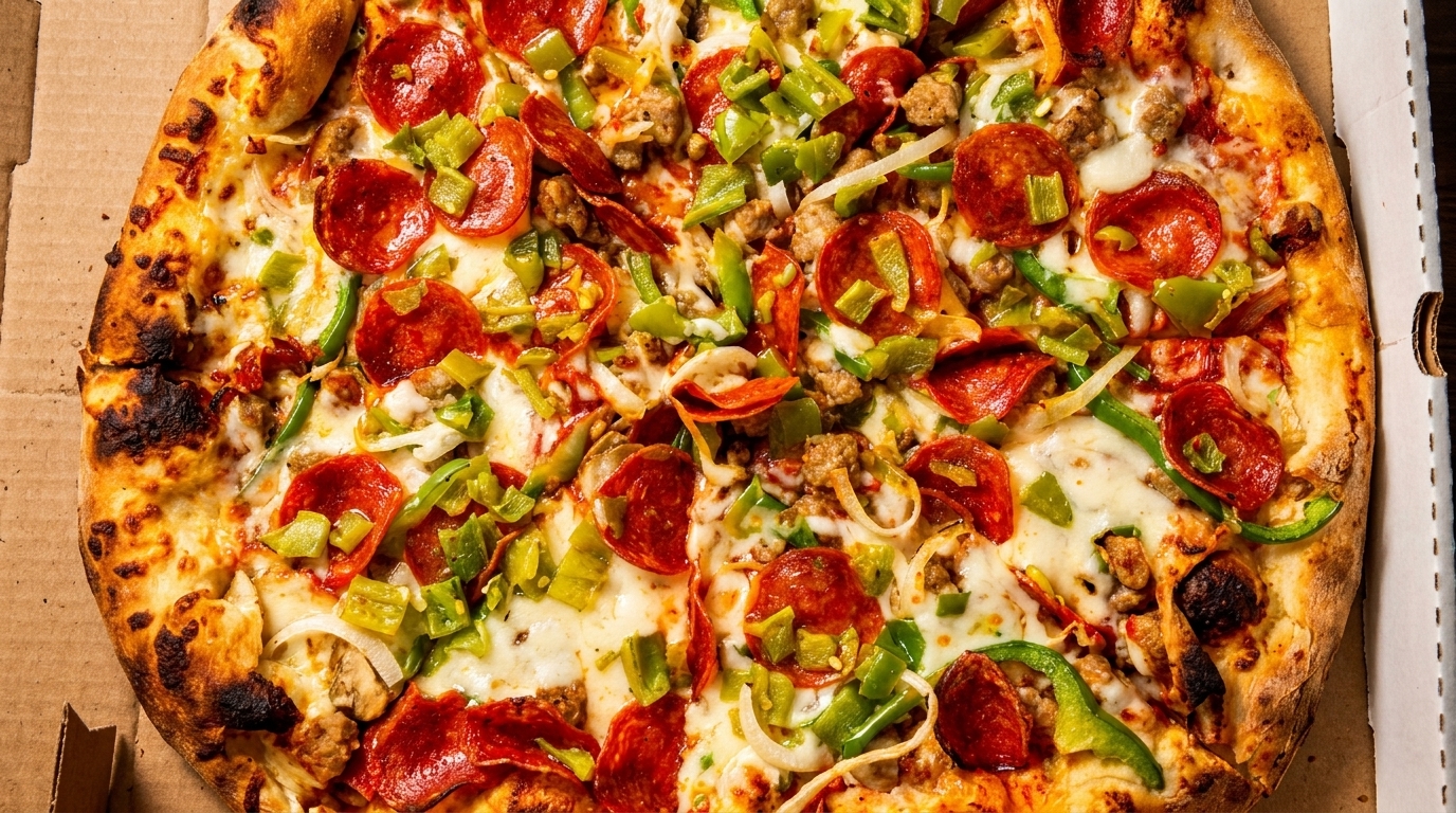 Close-up of a whole pizza with pepperoni, sausage, green peppers, and onions in a cardboard box.