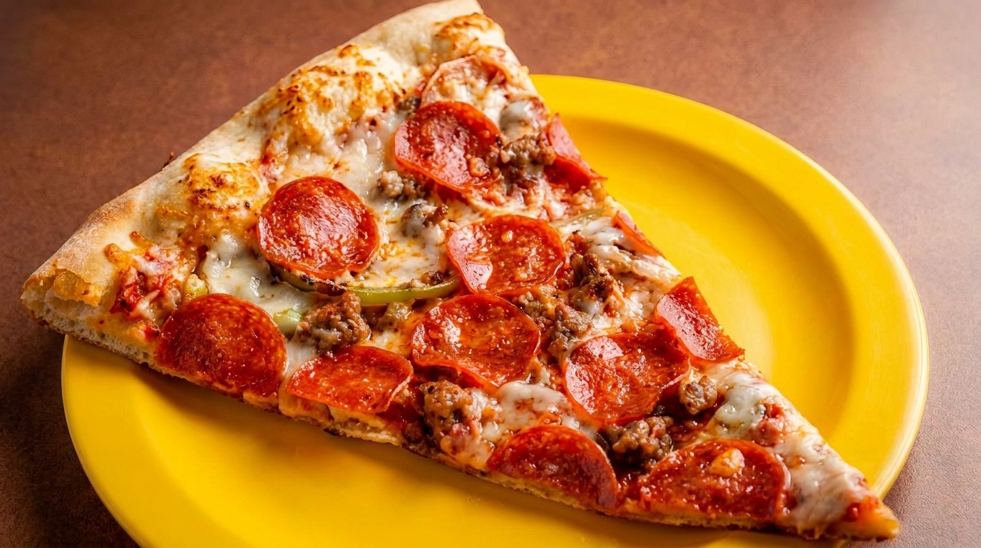 A large slice of pepperoni and sausage pizza with melted cheese on a bright yellow plate.